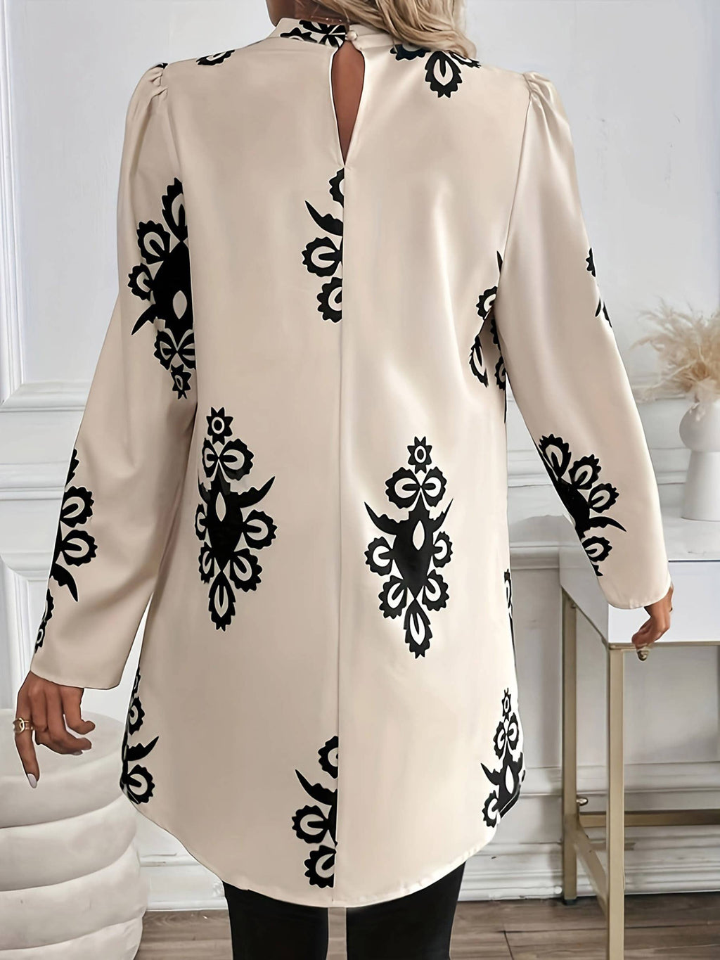 Tuxedo-Inspired Blouse (Beige/Multi)