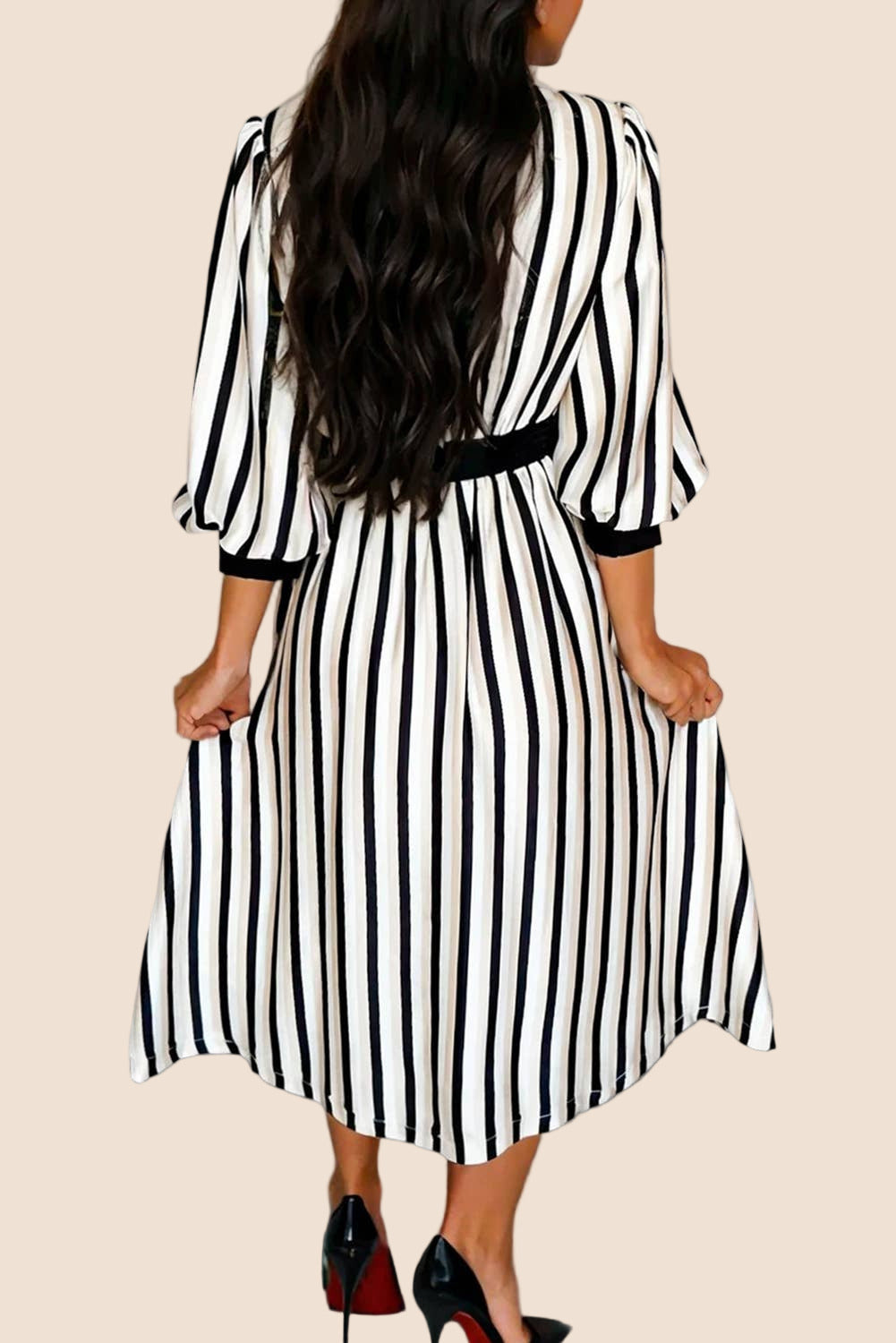 Stripe 3/4 Puff Sleeve Button-Down Midi Dress