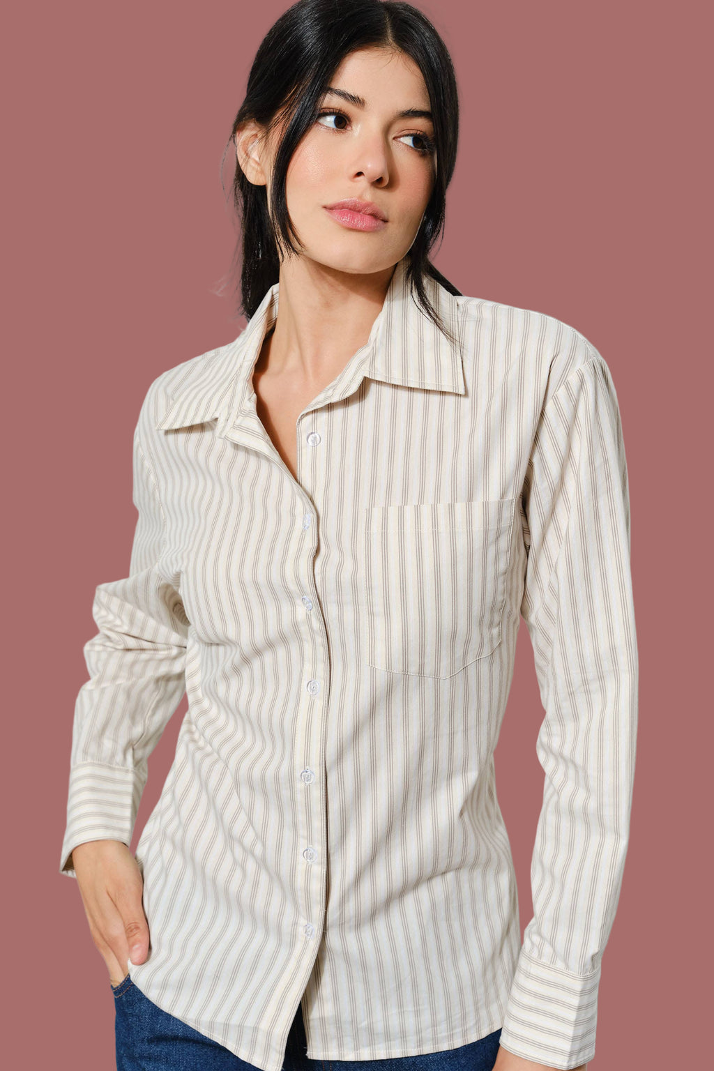 Cotton Button Up Shirt with Back Tie (Beige)