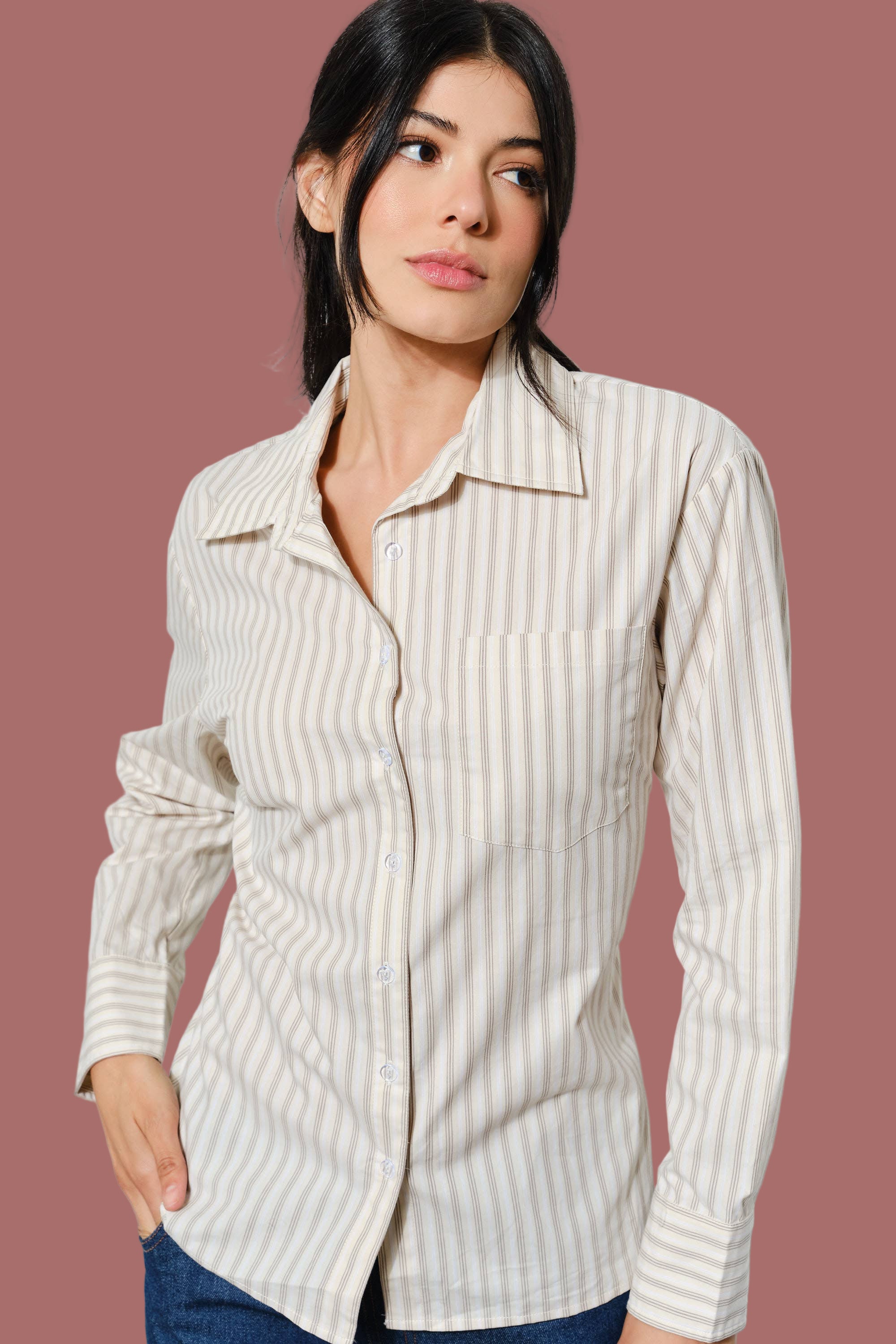 Cotton Button Up Shirt with Back Tie (Beige)