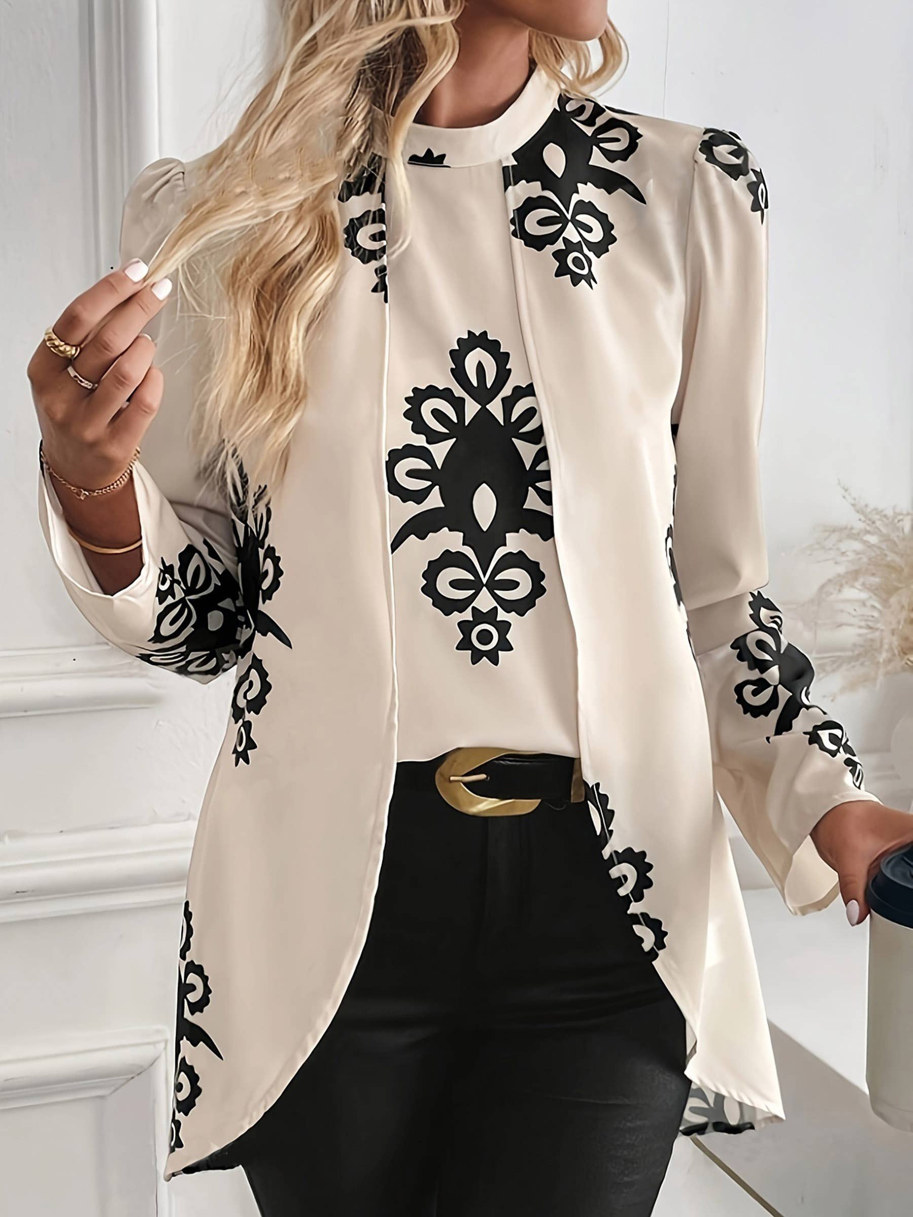 Tuxedo-Inspired Blouse (Beige/Multi)