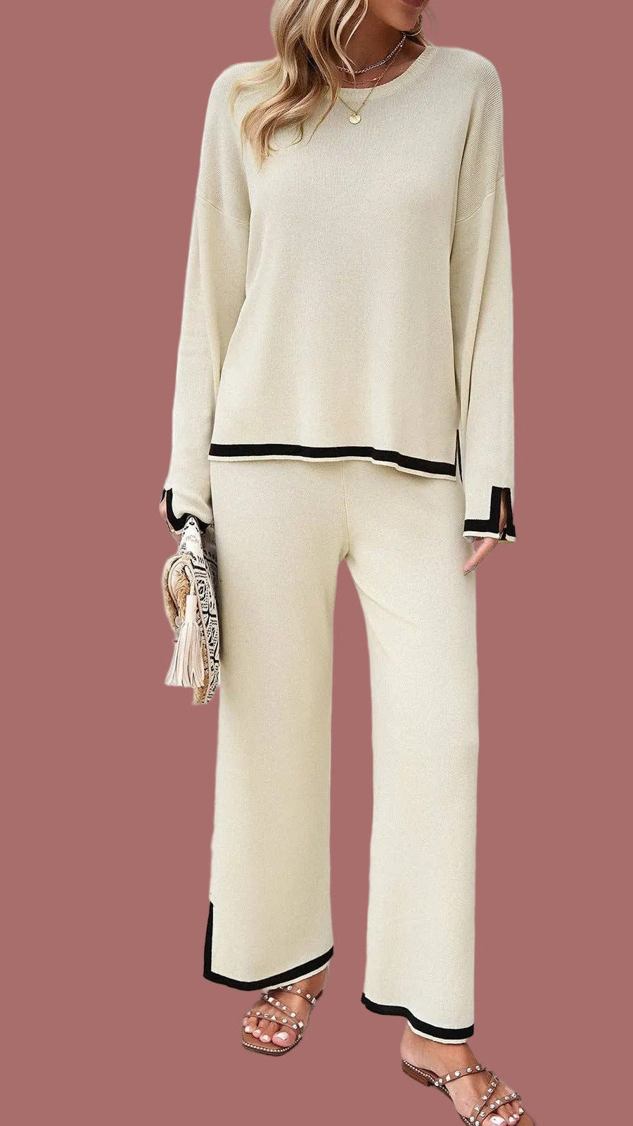 Knitted Sweater Pants (Winter White w/Black Trim) - Pants Only