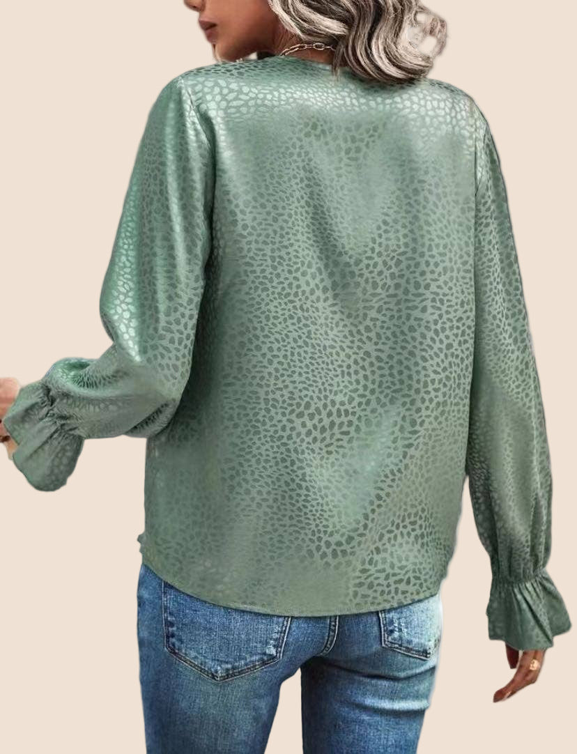 Long Sleeve V-Neck Blouse (Mint)