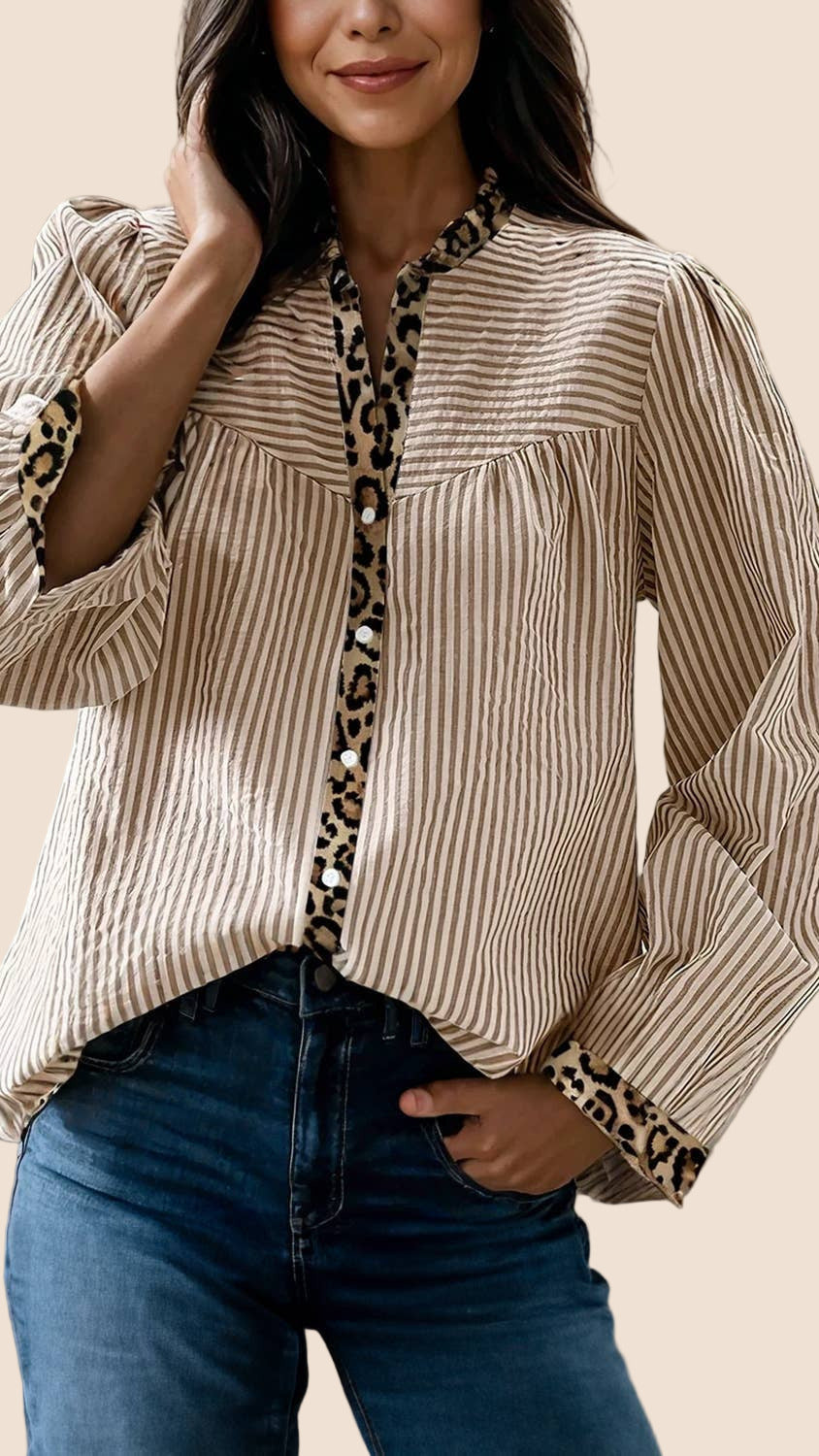 Leopard Trim Long Sleeve Shirt