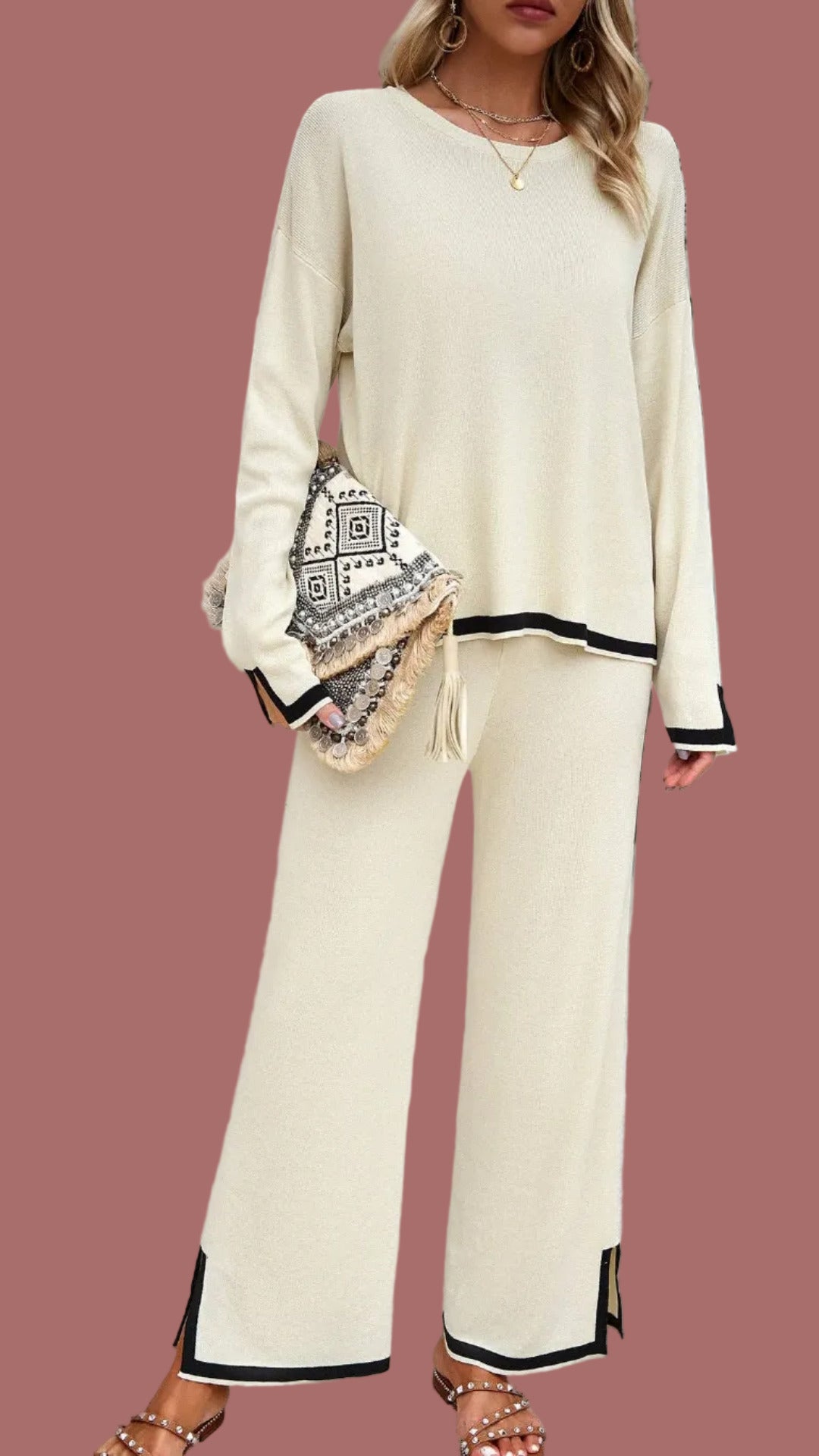 Knitted Sweater Pants (Winter White w/Black Trim) - Pants Only