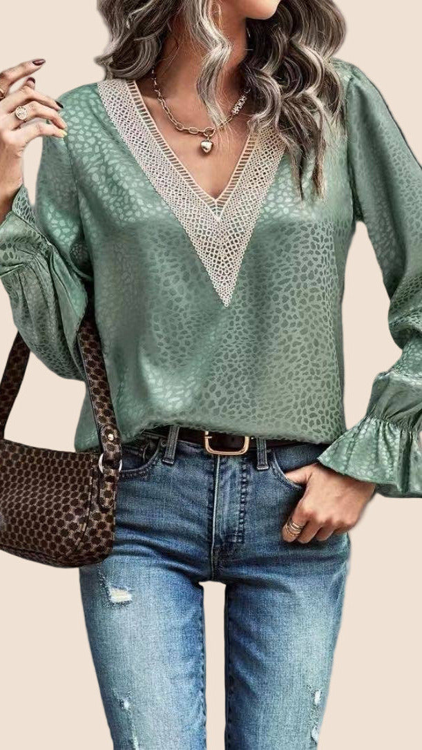 Long Sleeve V-Neck Blouse (Mint)