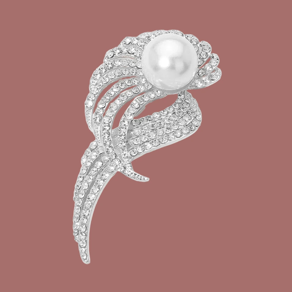 Pearl Accent Crystal Leaf Brooch