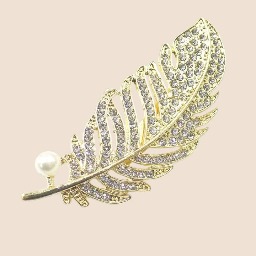 Pearl Accent Crystal Feather Brooch