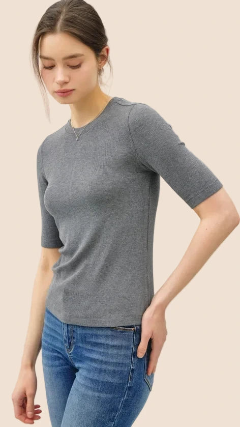 Be Soft Ribbed Elbow-Sleeve Top