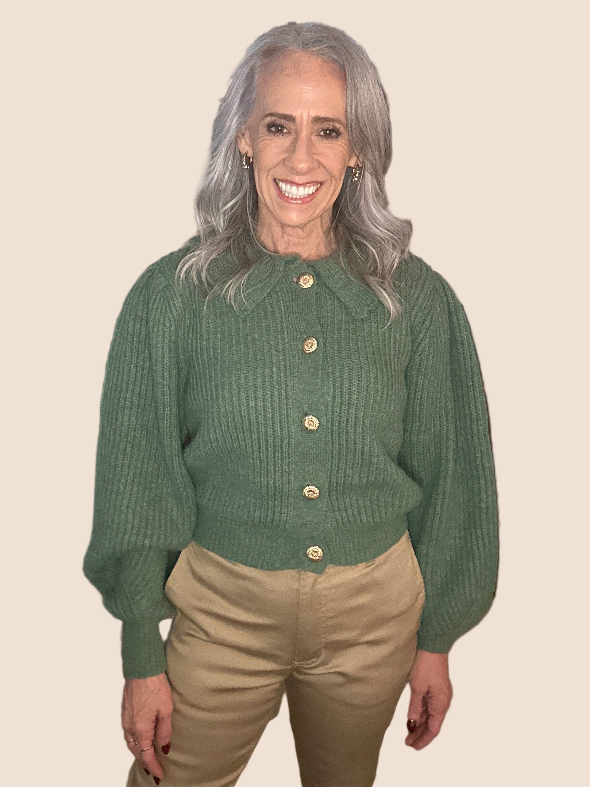 Chunky Knitted Cardigan with Scalloped Collar (Sage)