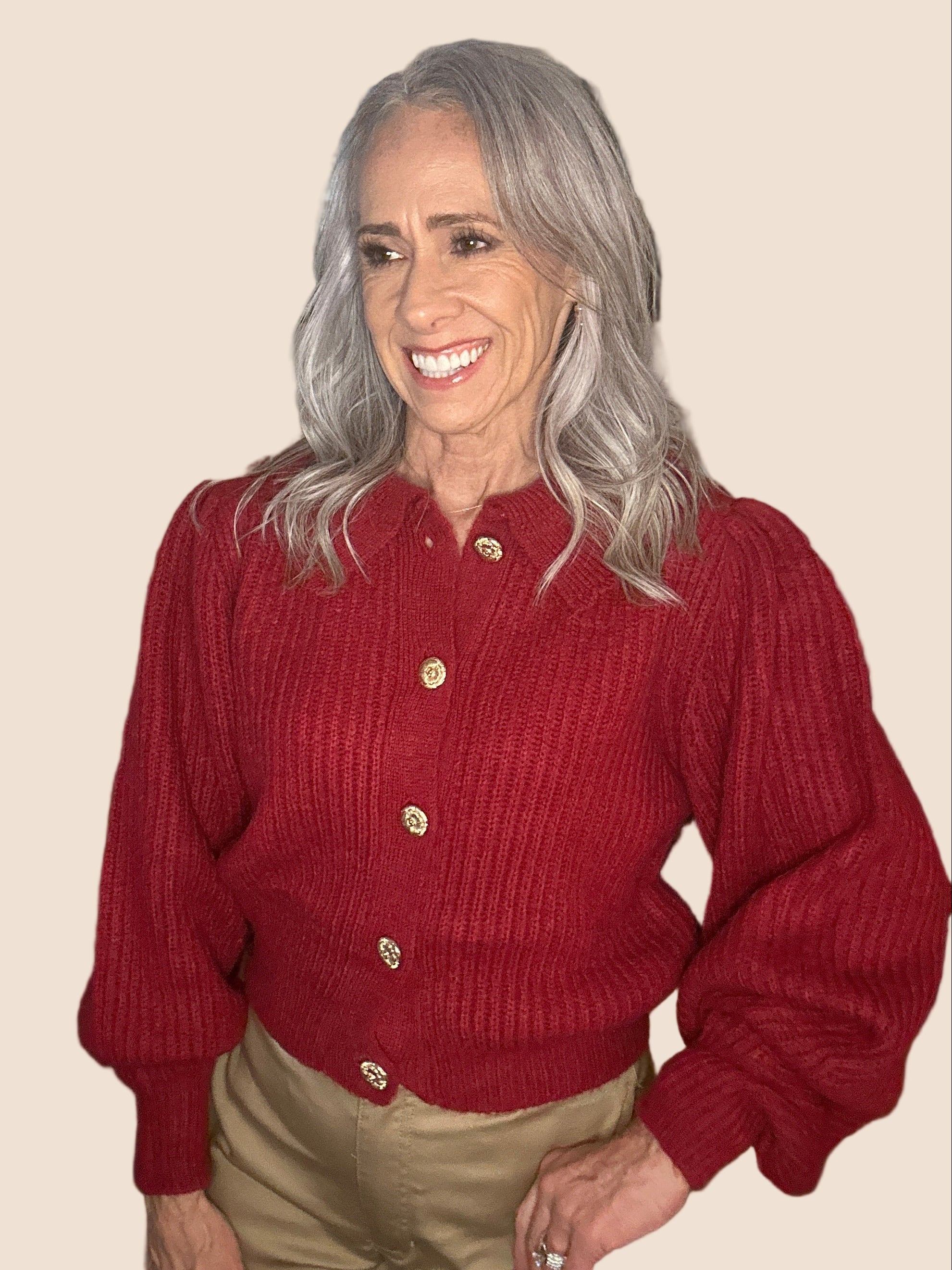 Chunky Knitted Cardigan with Scalloped Collar (Cherry Red)