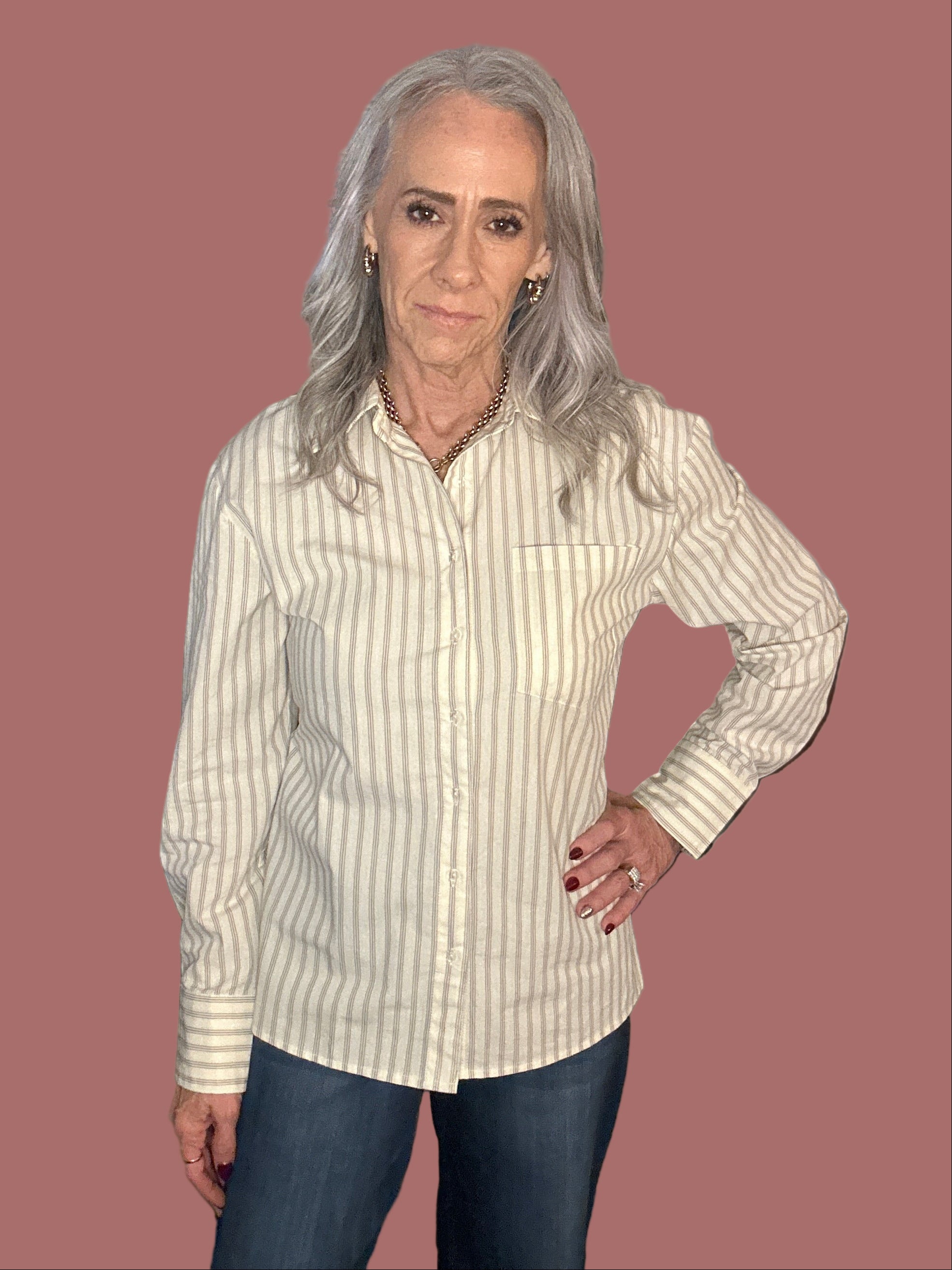 Cotton Button Up Shirt with Back Tie (Beige)