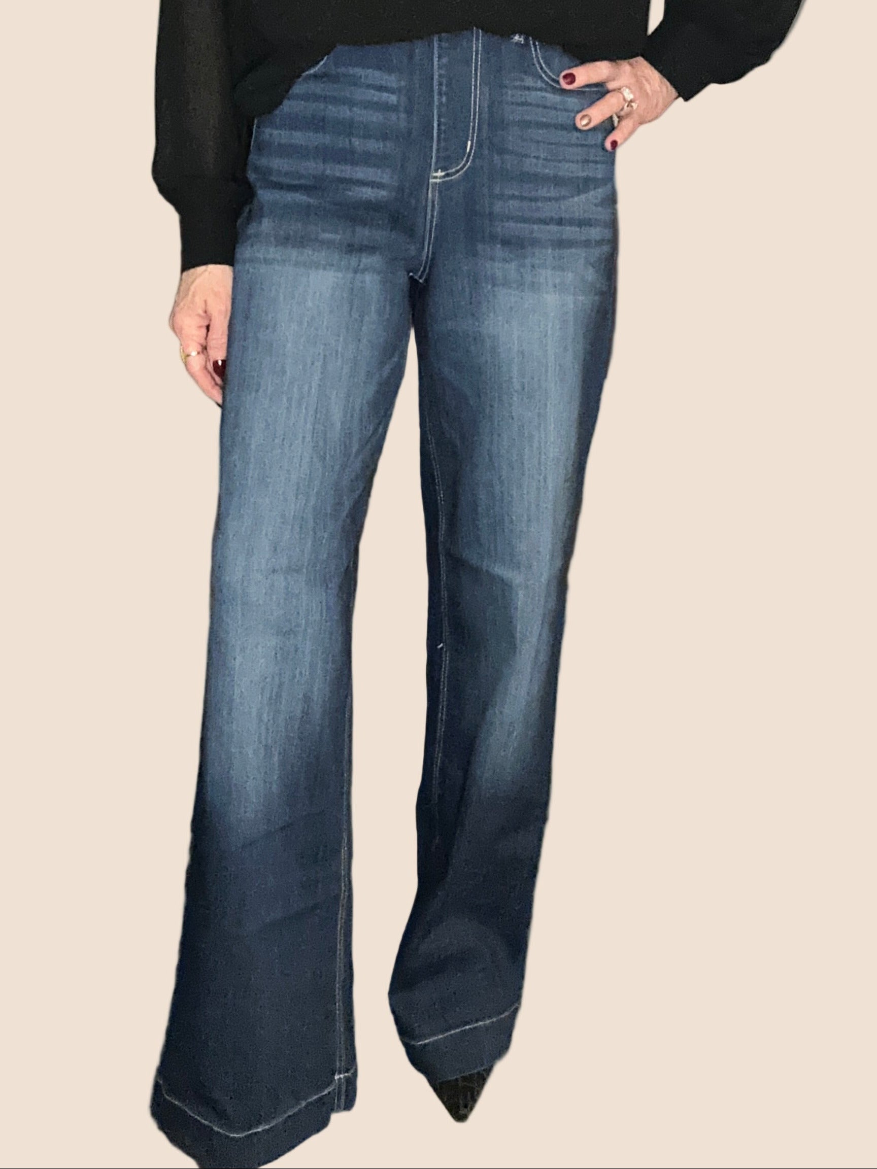 Wide Leg, High Rise, Pull-on Jeans (Dark Wash)