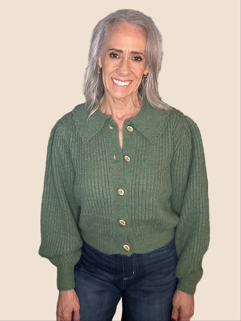 Chunky Knitted Cardigan with Scalloped Collar (Sage)