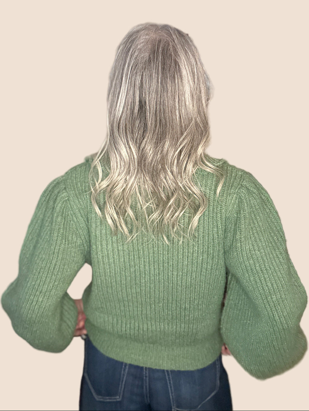 Chunky Knitted Cardigan with Scalloped Collar (Sage)