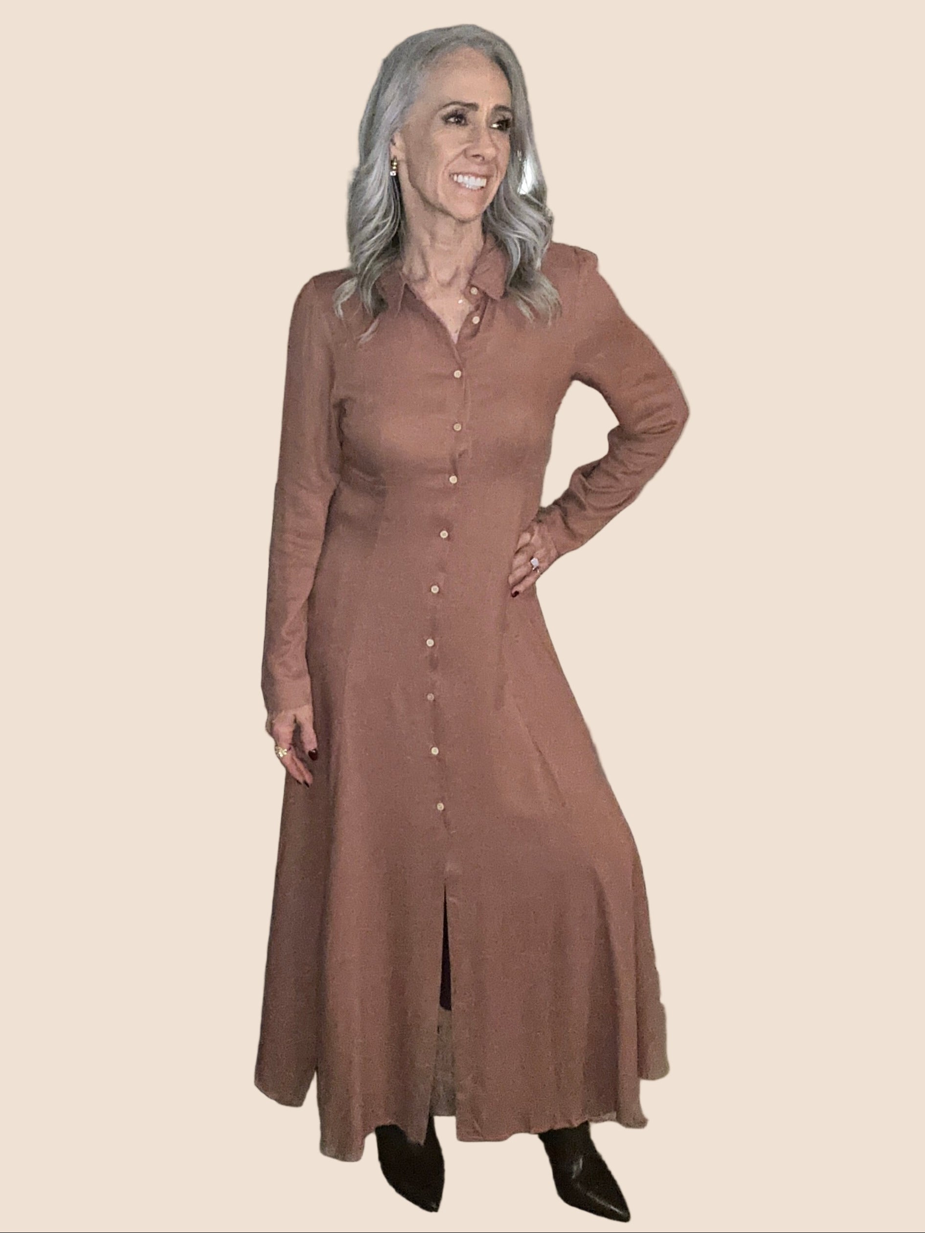 Button Down Flowy Maxi Shirt Dress (Spice)
