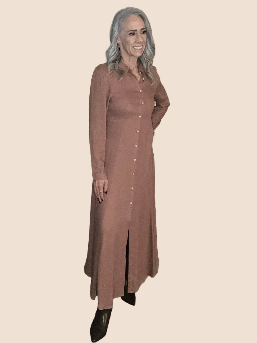 Button Down Flowy Maxi Shirt Dress (Spice)
