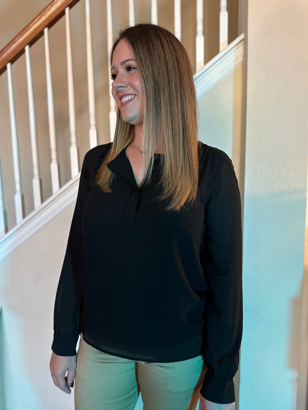 Round Neck Sheer Blouse (Black)