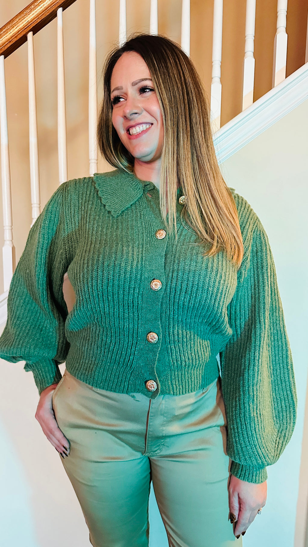 Chunky Knitted Cardigan with Scalloped Collar (Sage)