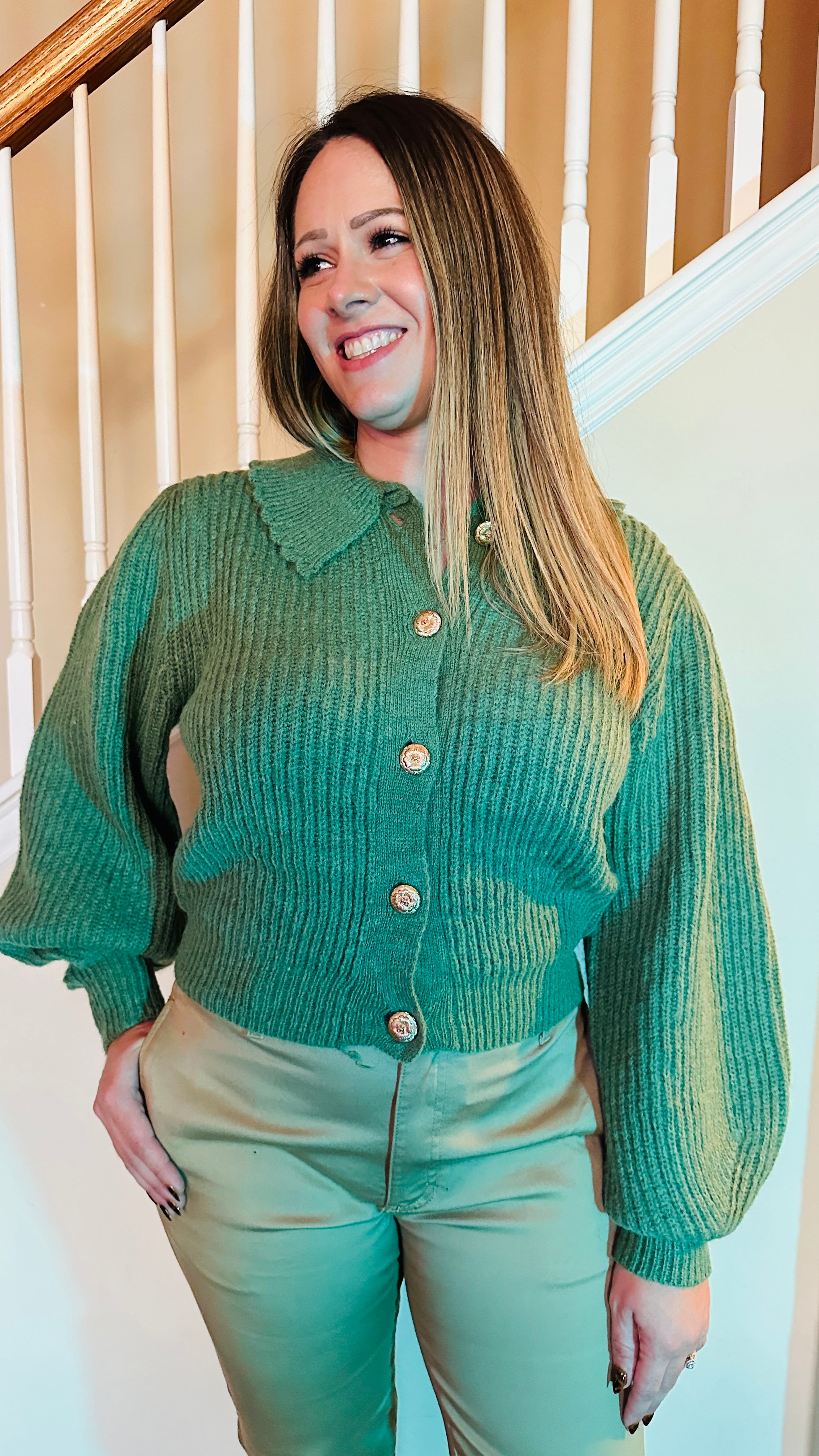 Chunky Knitted Cardigan with Scalloped Collar (Sage)