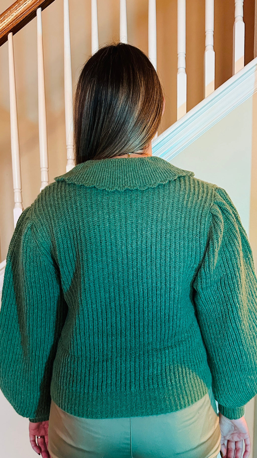 Chunky Knitted Cardigan with Scalloped Collar (Sage)