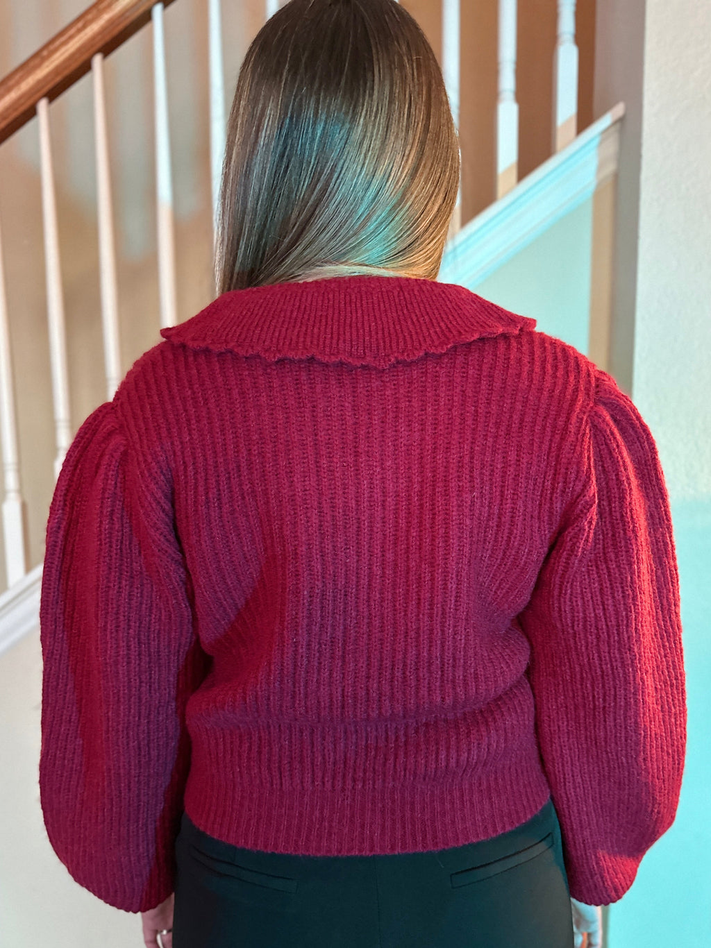 Chunky Knitted Cardigan with Scalloped Collar (Cherry Red)