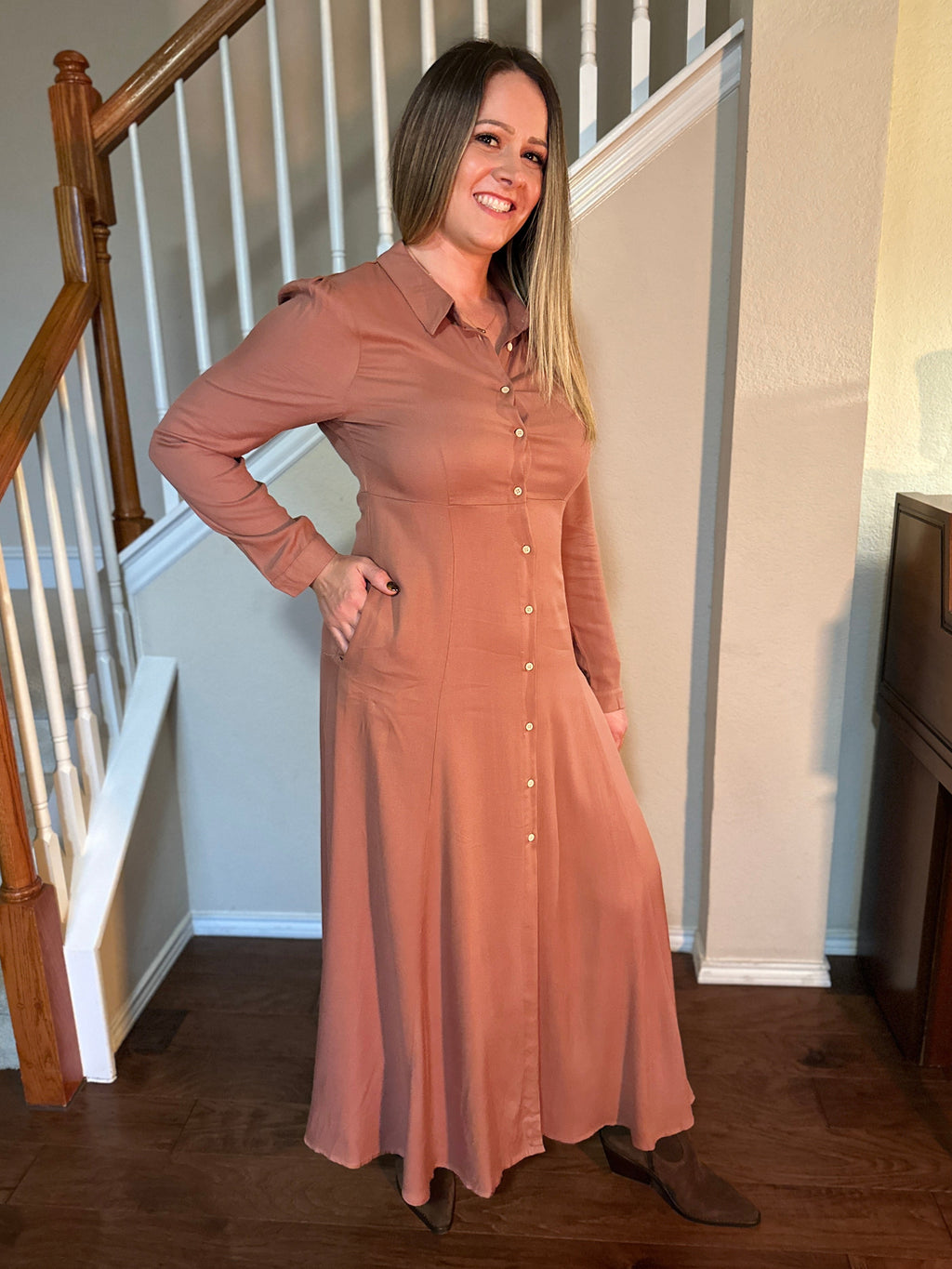 Button Down Flowy Maxi Shirt Dress (Spice)