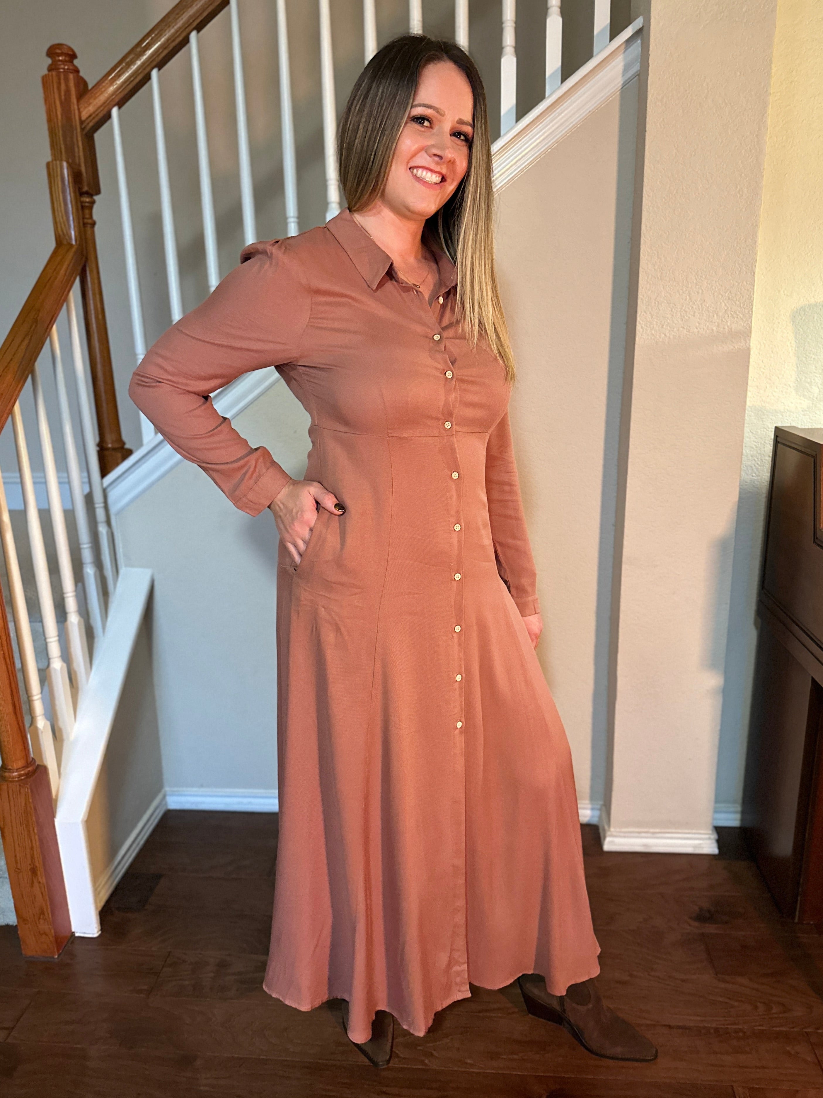 Button Down Flowy Maxi Shirt Dress (Spice)
