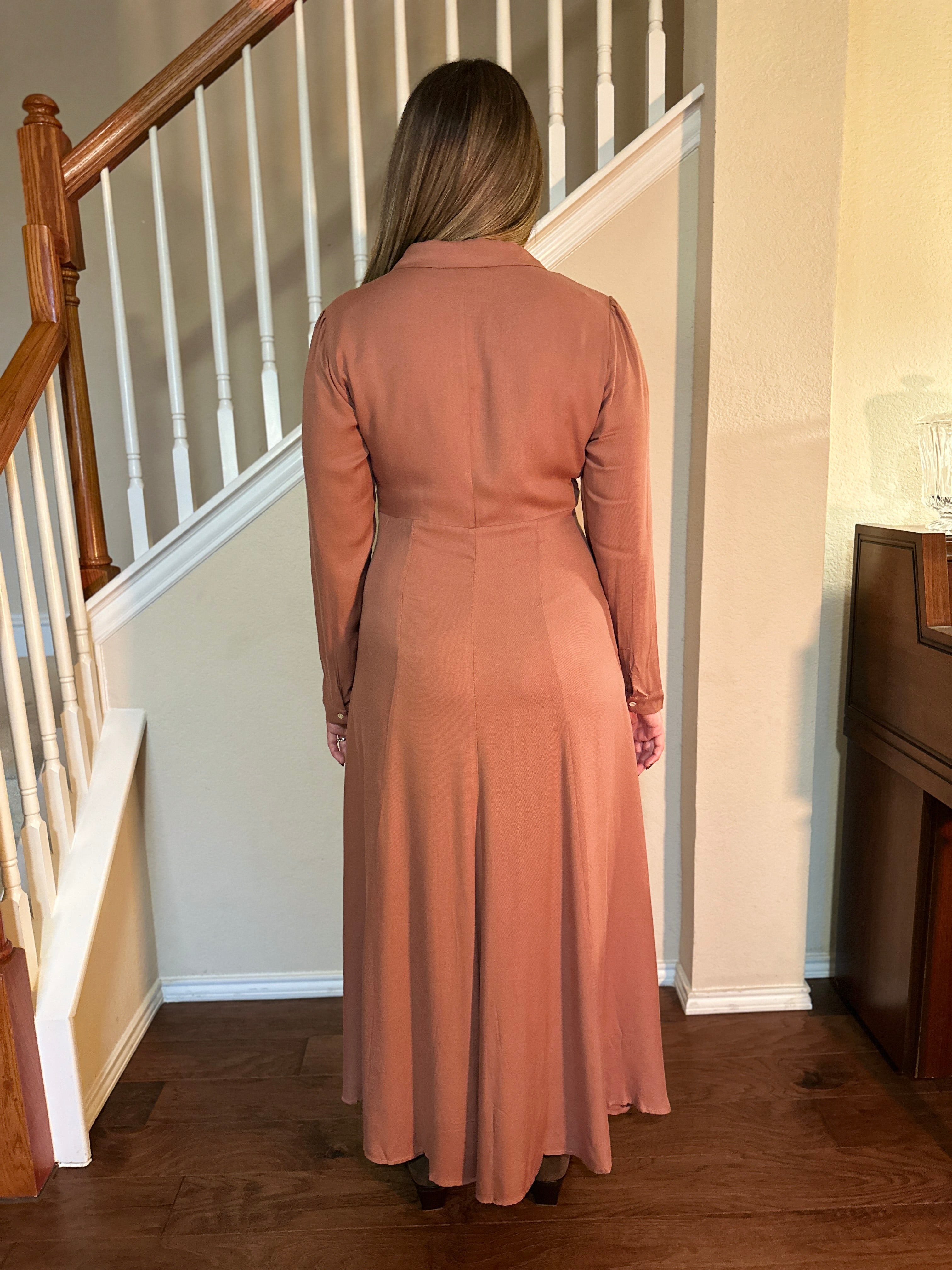 Button Down Flowy Maxi Shirt Dress (Spice)