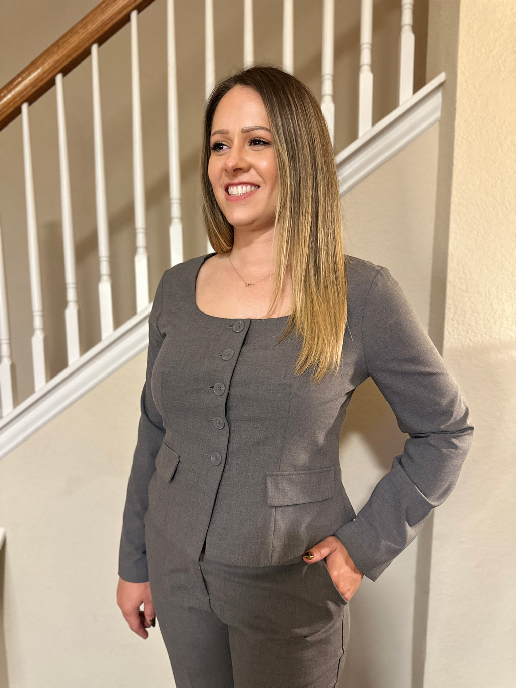 Square Neck Fitted Blazer (Charcoal)