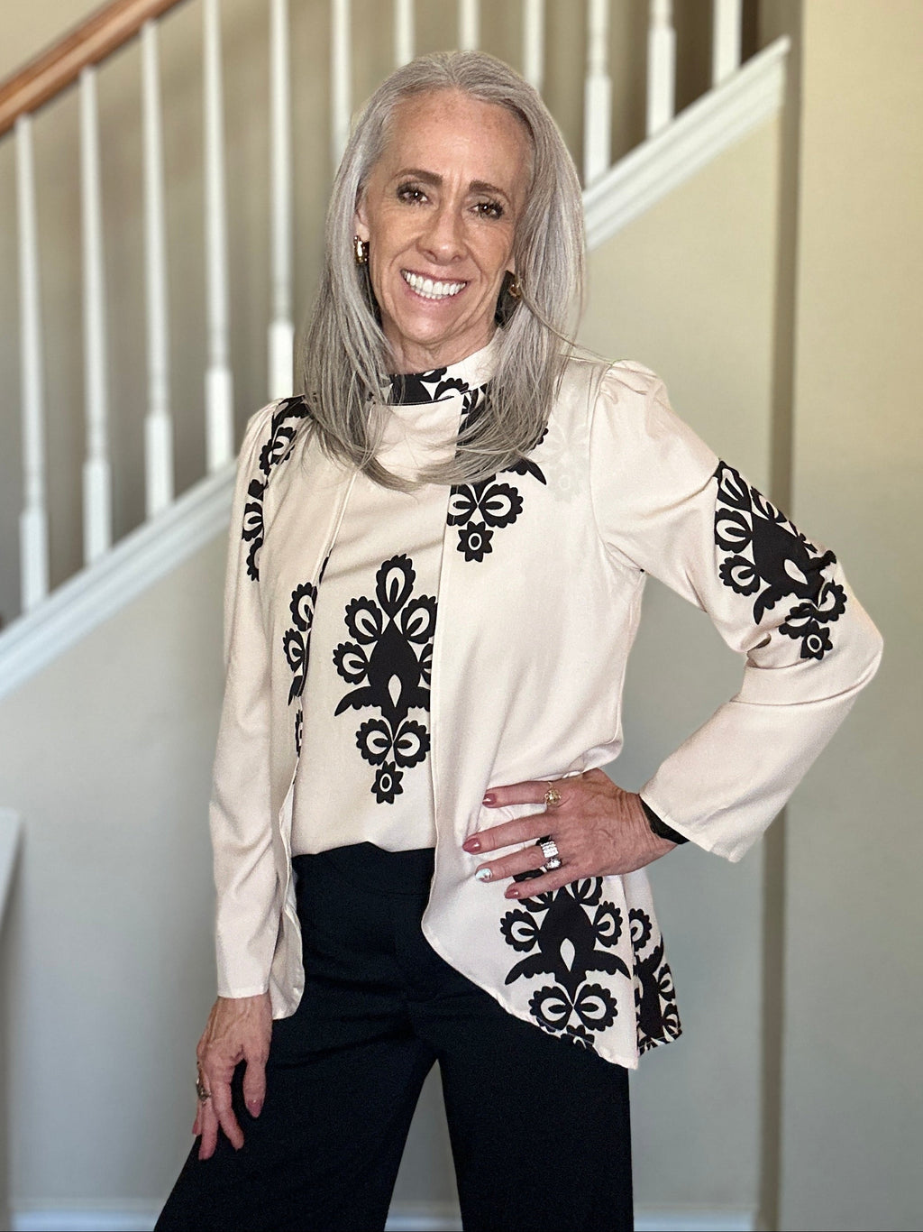 Tuxedo-Inspired Blouse (Beige/Multi)