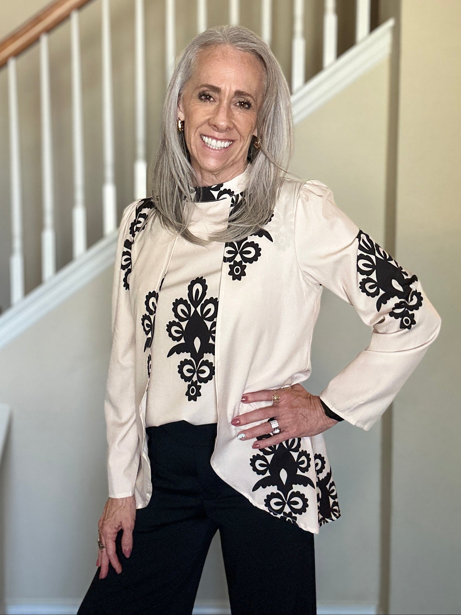 Tuxedo-Inspired Blouse (Beige/Multi)