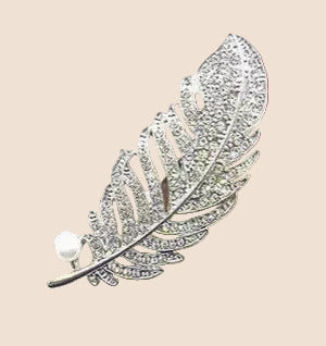 Pearl Accent Crystal Feather Brooch