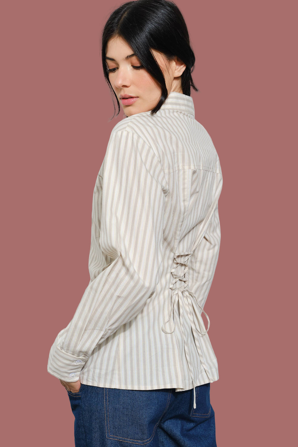 Cotton Button Up Shirt with Back Tie (Beige)