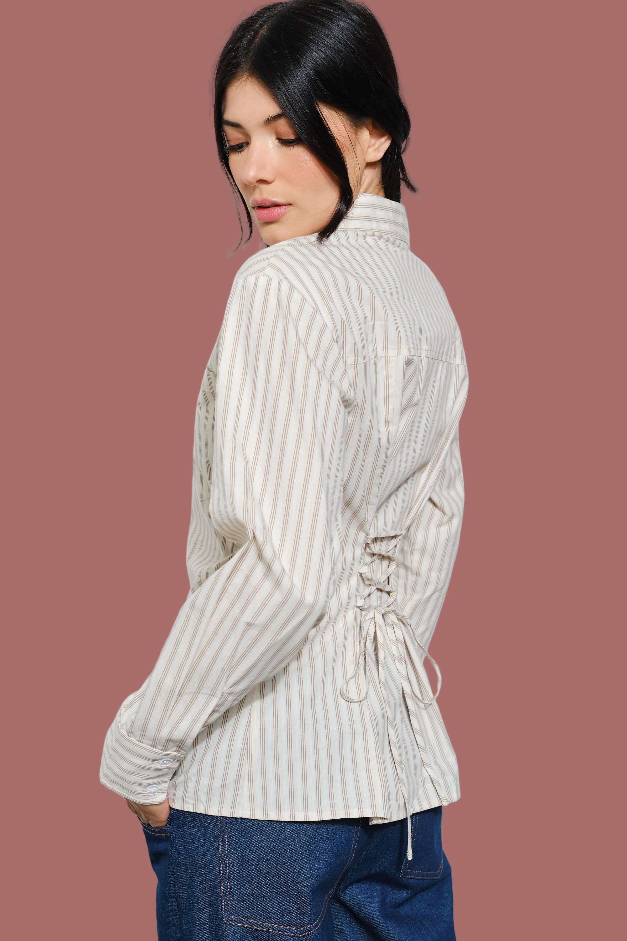 Cotton Button Up Shirt with Back Tie (Beige)