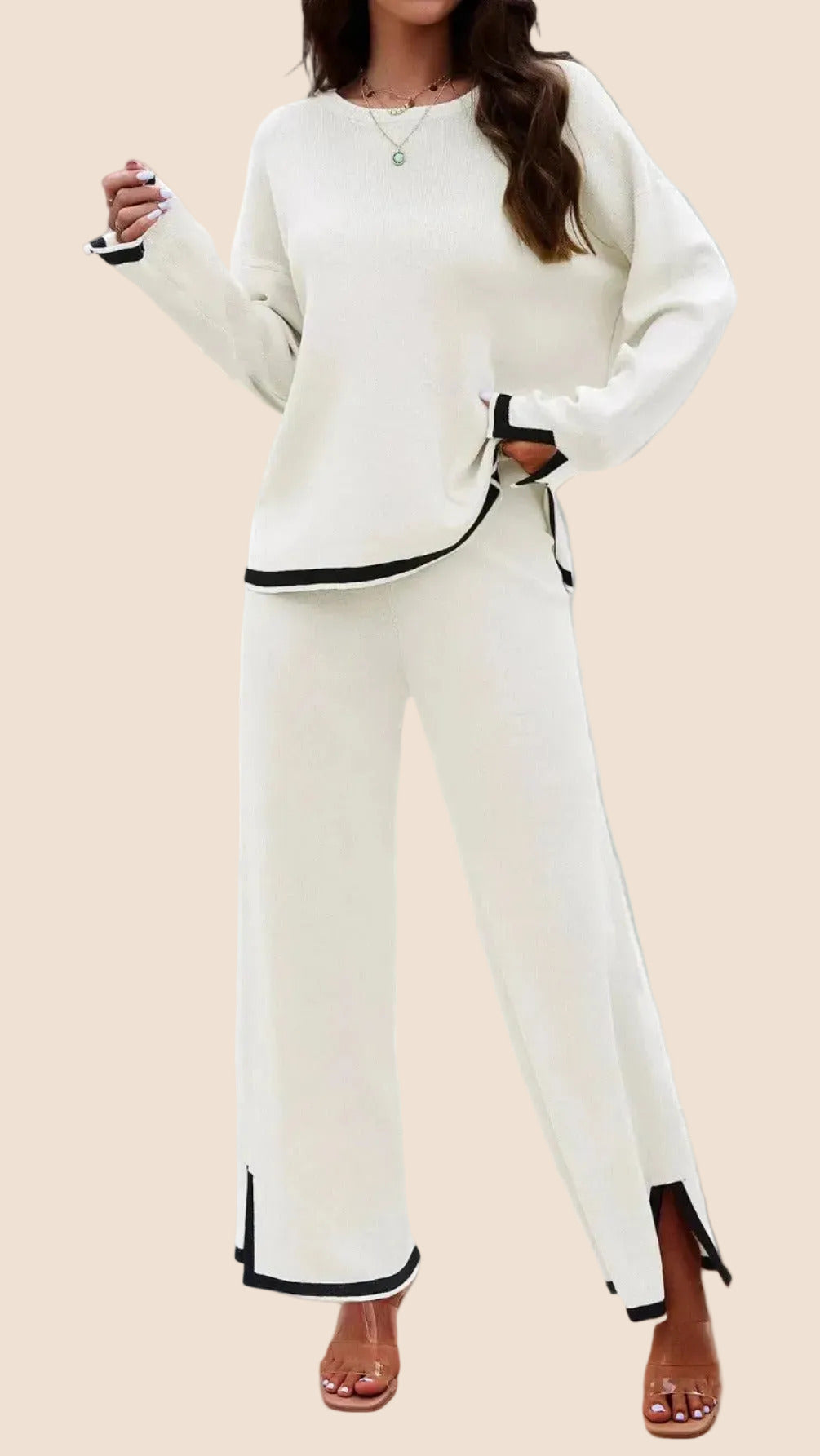 Knitted Sweater Pant Set (Winter White w/Black Trim)