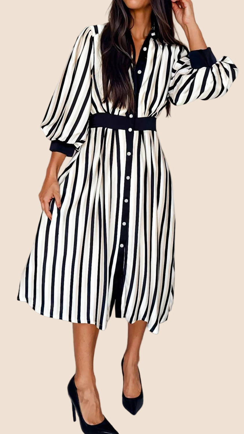 Stripe 3/4 Puff Sleeve Button-Down Midi Dress